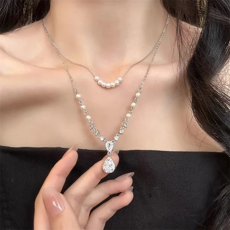 Layered Silver-Plated Teardrop Crystal Pearl Necklace
