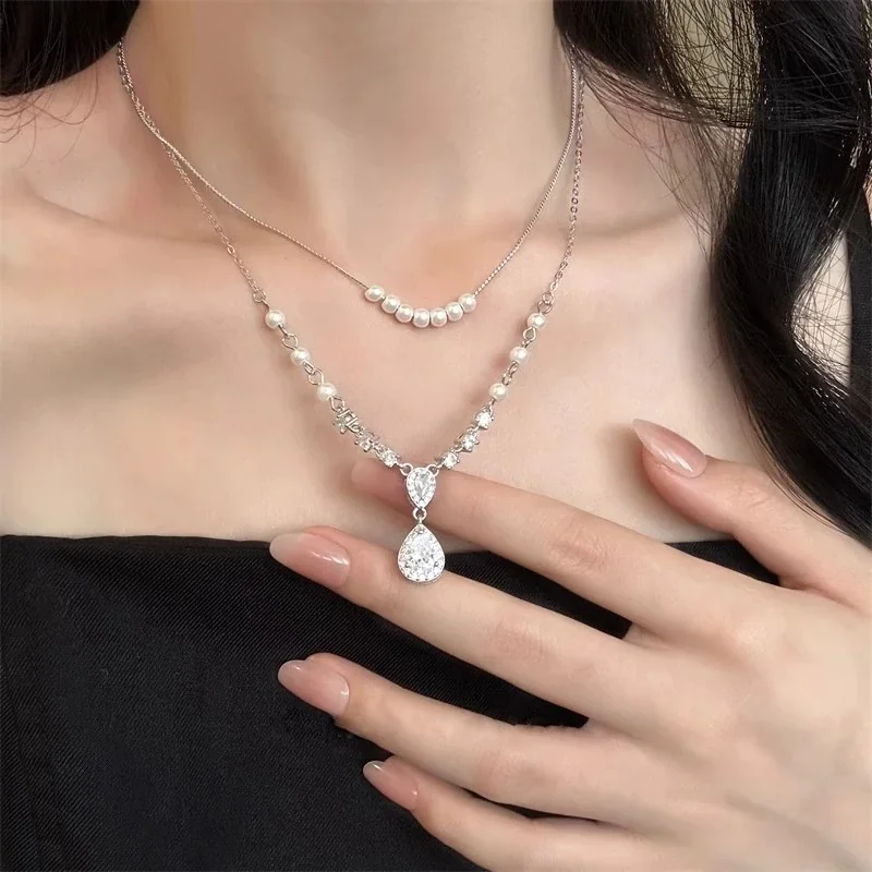 Layered Silver-Plated Teardrop Crystal Pearl Necklace