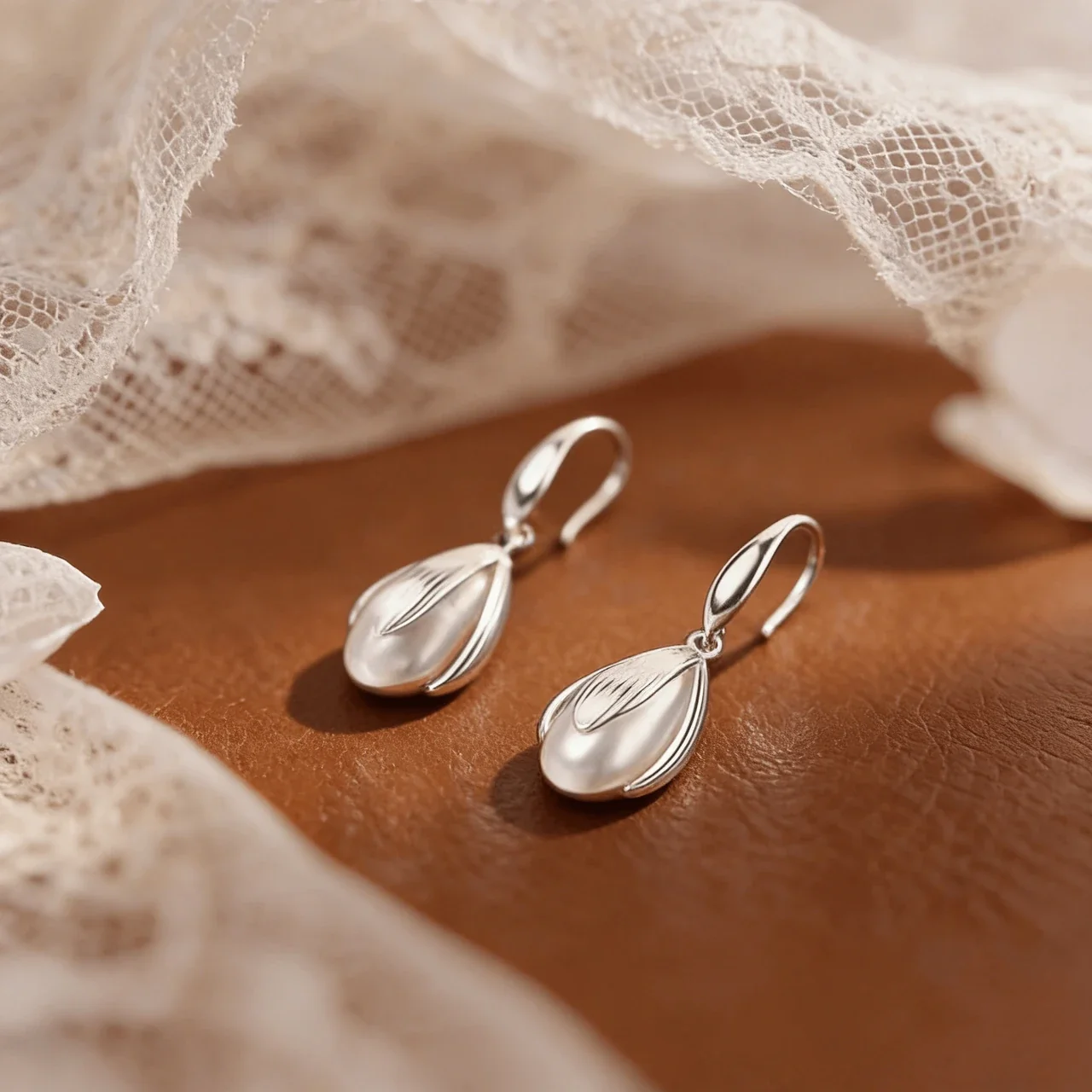 Sculptural Magnolia Petal Pearl 925 Sterling Silver Drop Earrings