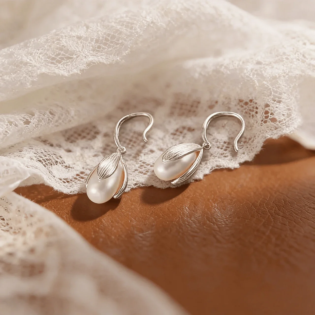 Sculptural Magnolia Petal Pearl 925 Sterling Silver Drop Earrings