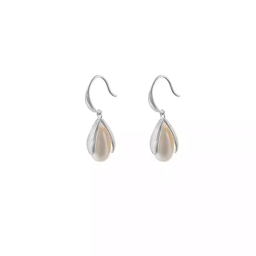 Sculptural Magnolia Petal Pearl 925 Sterling Silver Drop Earrings