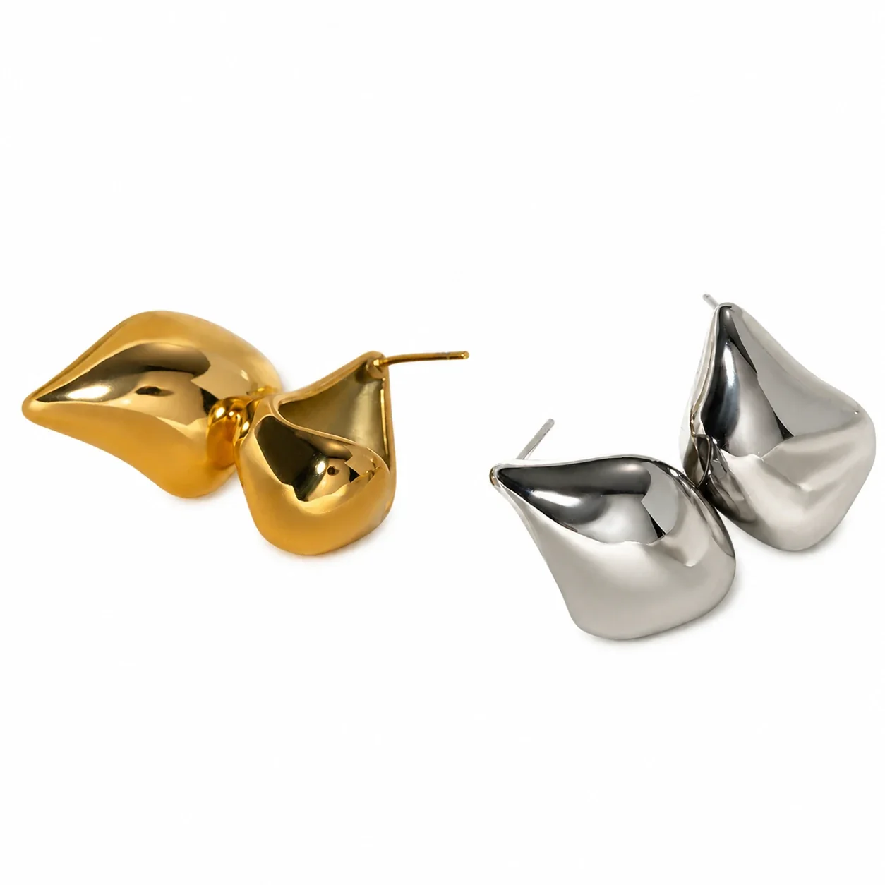 Sculptural Stainless Steel Puffed Teardrop Stud Earrings