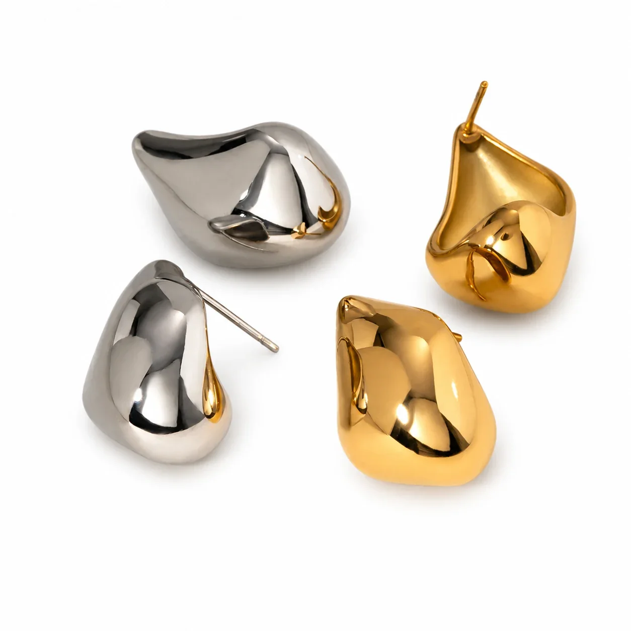 Sculptural Stainless Steel Puffed Teardrop Stud Earrings