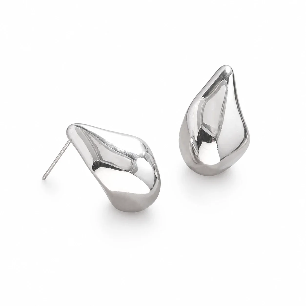 Sculptural Stainless Steel Puffed Teardrop Stud Earrings - Steel