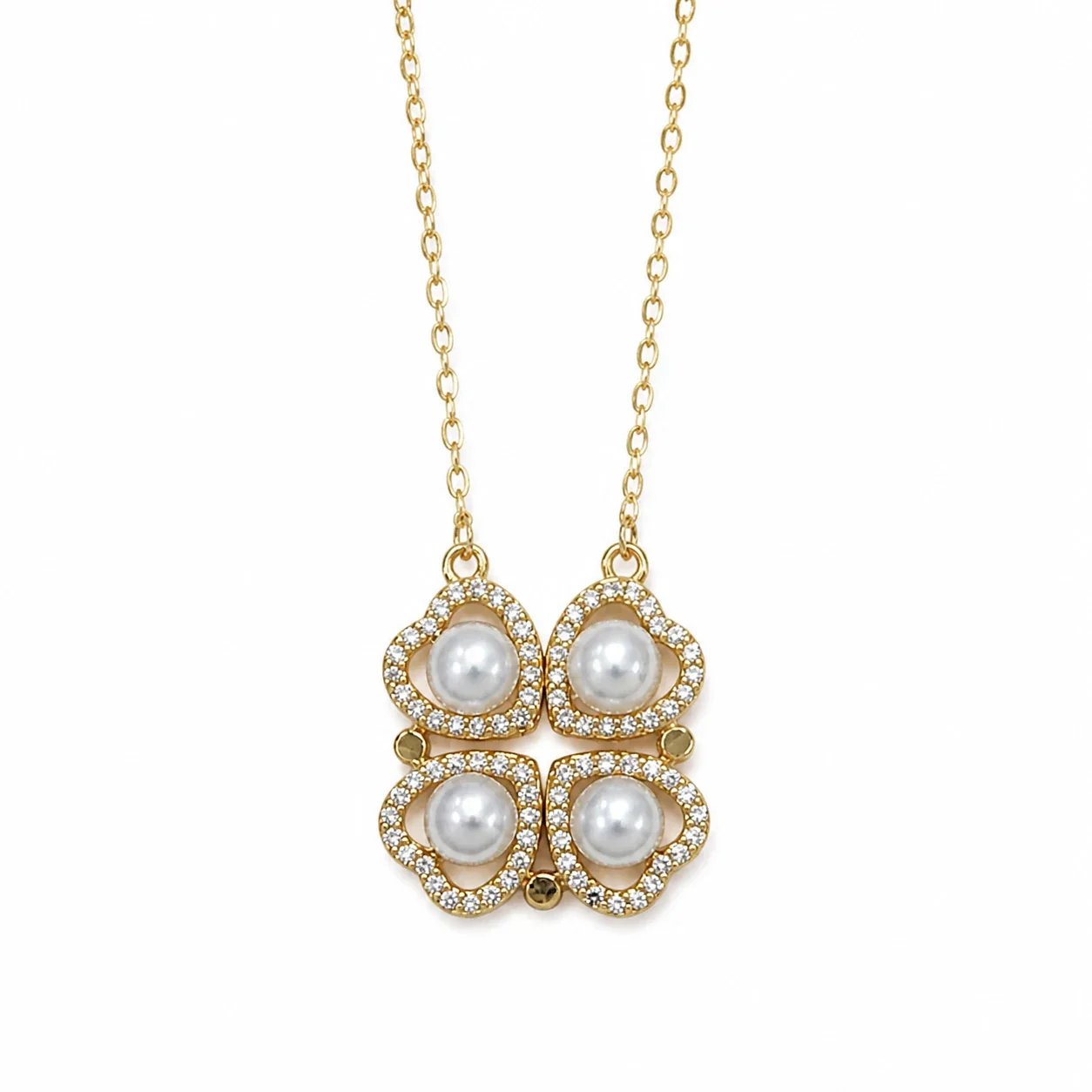 Gleaming Gold-Plated Four-Leaf Pearl Pavé Pendant Necklace