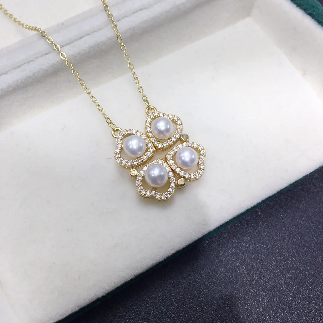 Gleaming Gold-Plated Four-Leaf Pearl Pavé Pendant Necklace
