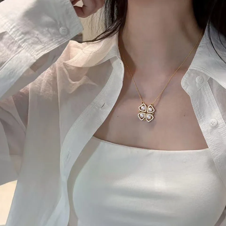 Gleaming Gold-Plated Four-Leaf Pearl Pavé Pendant Necklace