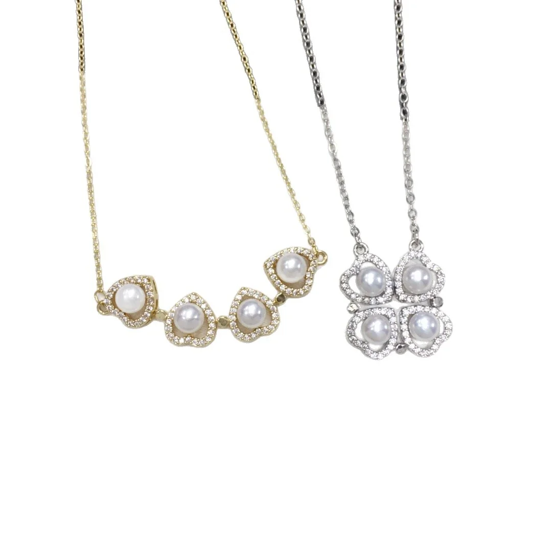 Gleaming Gold-Plated Four-Leaf Pearl Pavé Pendant Necklace
