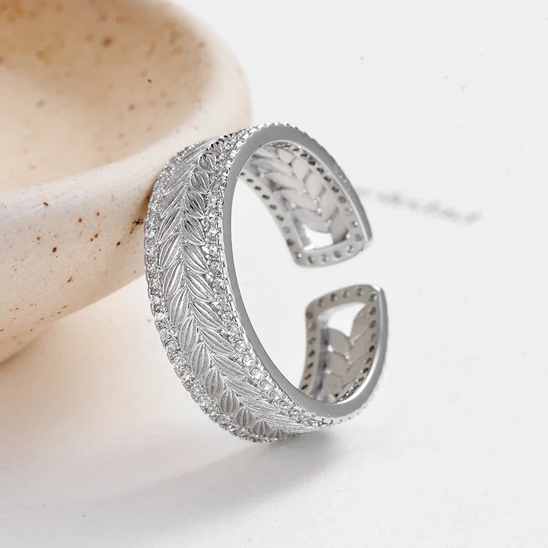 Ornate 925 Sterling Silver Wheat Pavé Open Ring