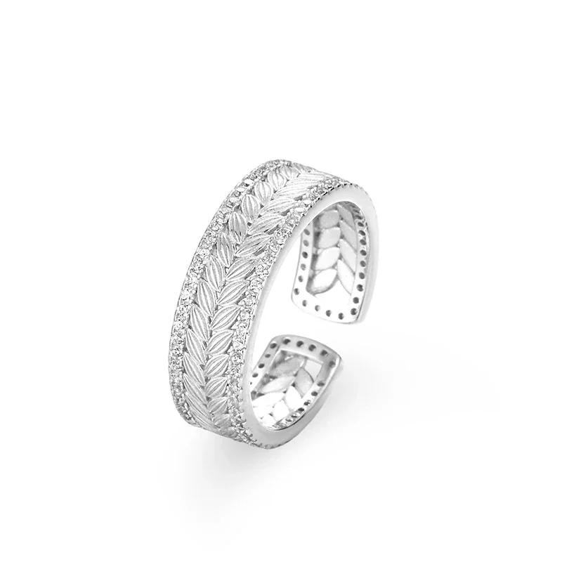 Ornate 925 Sterling Silver Wheat Pavé Open Ring - Silver