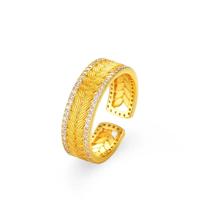 Ornate 925 Sterling Silver Wheat Pavé Open Ring - Gold