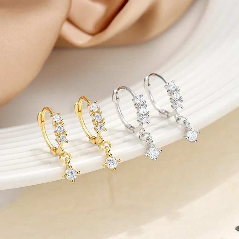 Delicate 925 Sterling Silver Crystal Cluster Drop Hoop Earrings