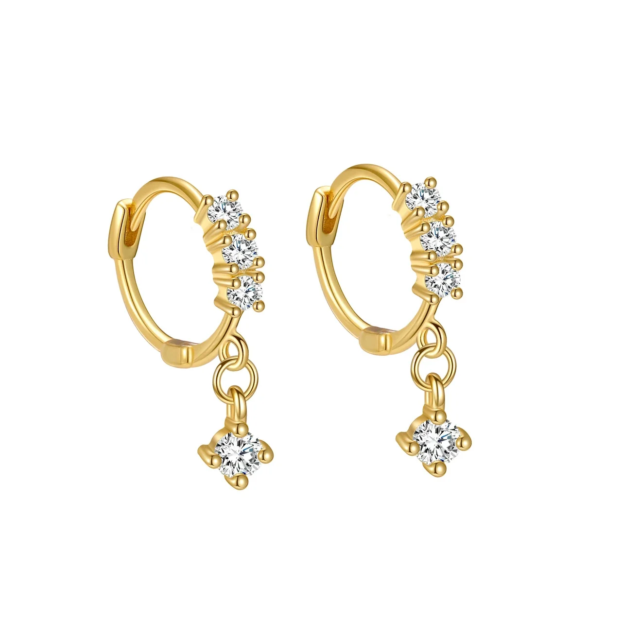 Delicate 925 Sterling Silver Crystal Cluster Drop Hoop Earrings - Gold