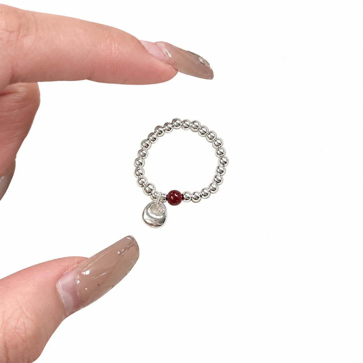 Playful 925 Sterling Silver Red Bead Donut Charm Ring