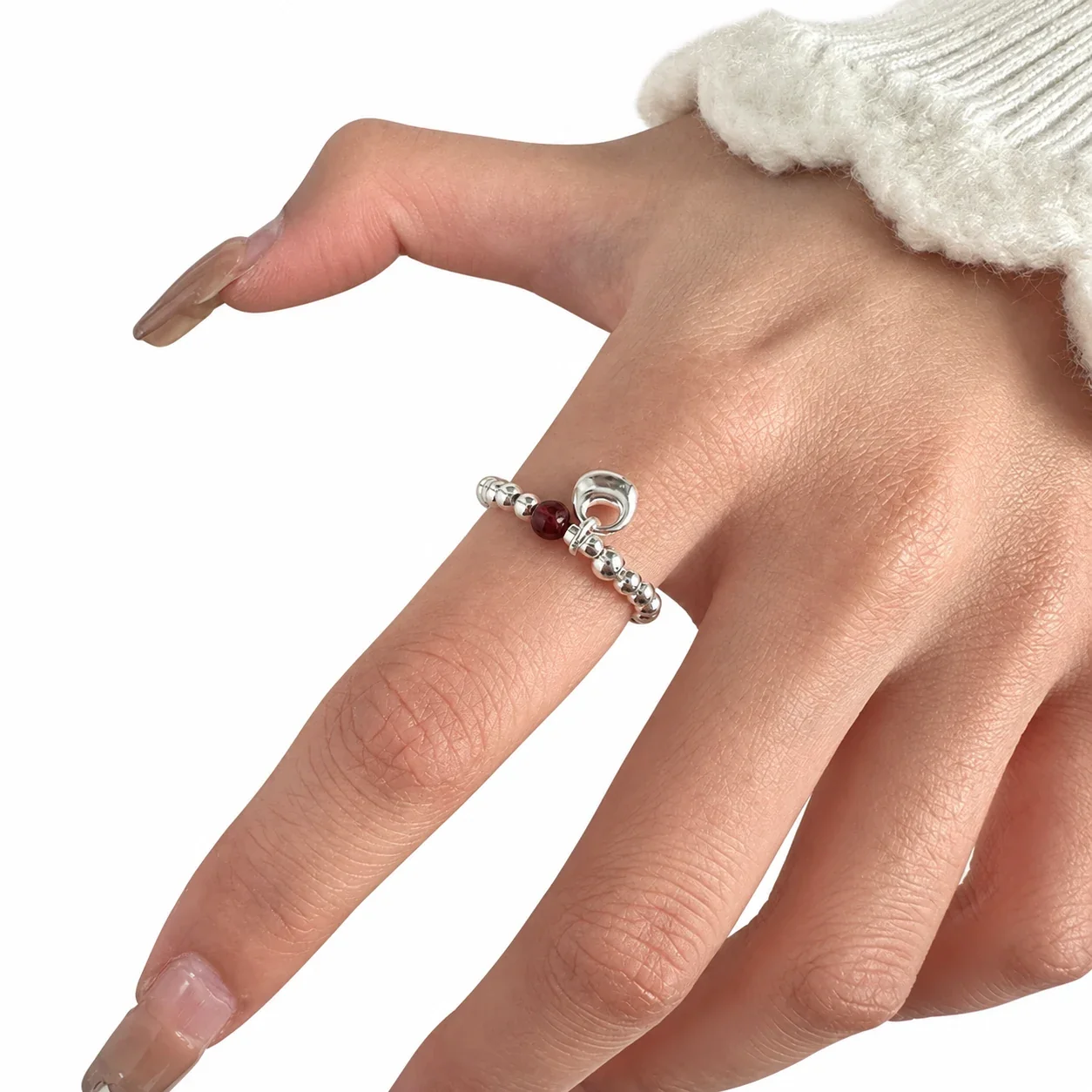 Playful 925 Sterling Silver Red Bead Donut Charm Ring