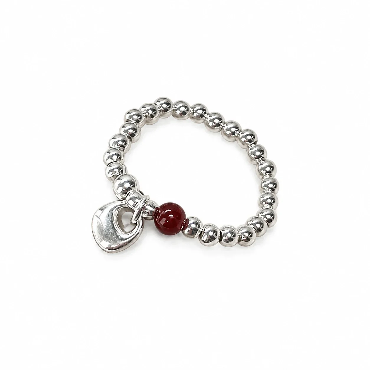 Playful 925 Sterling Silver Red Bead Donut Charm Ring - Silver