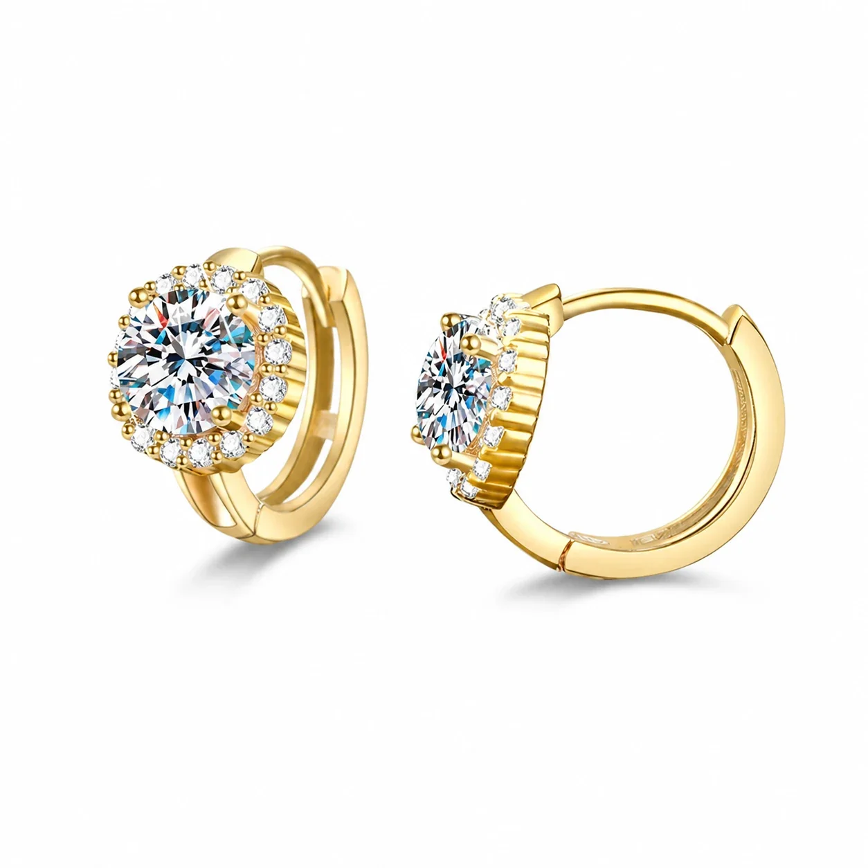 Radiant Halo 925 Sterling Silver Round Huggie Earrings - Gold ct Moissanite Pair