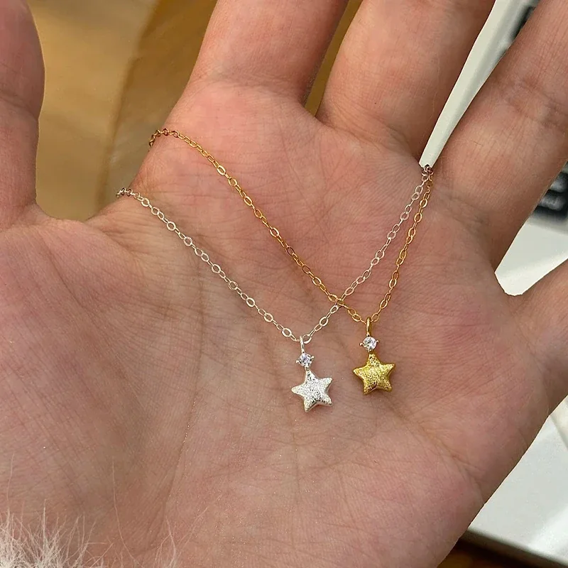 Textured Star Prong-Set Stone 925 Sterling Silver Necklace