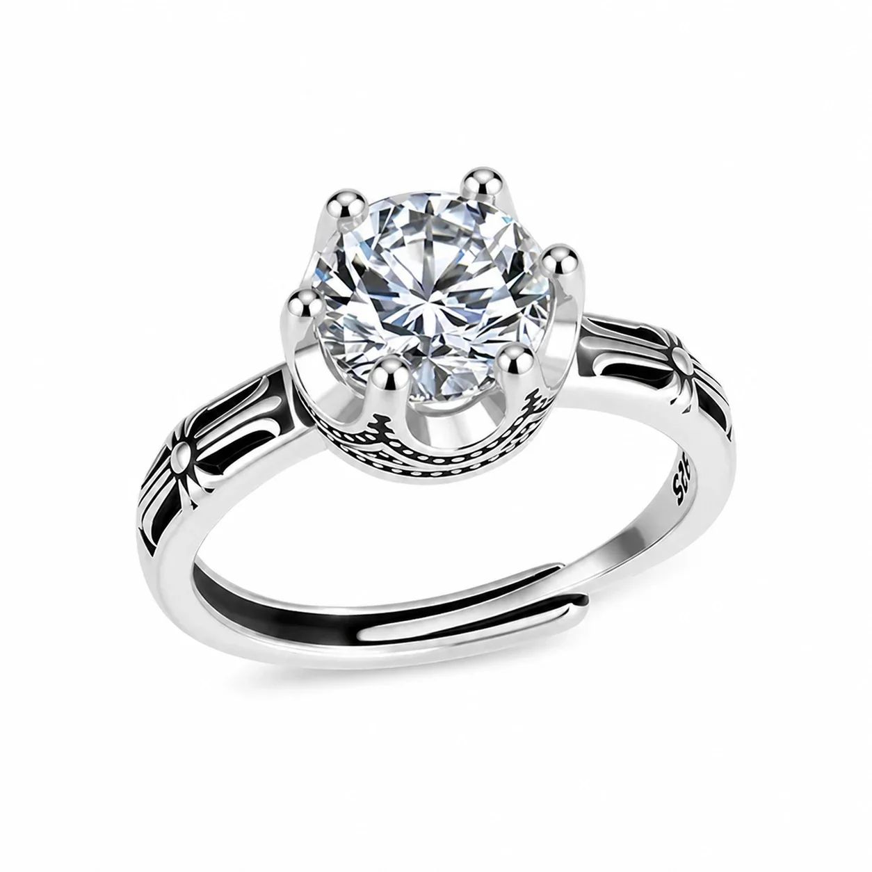 Radiant Silver-Plated Crown Prong Round CZ Copper Ring - Silver