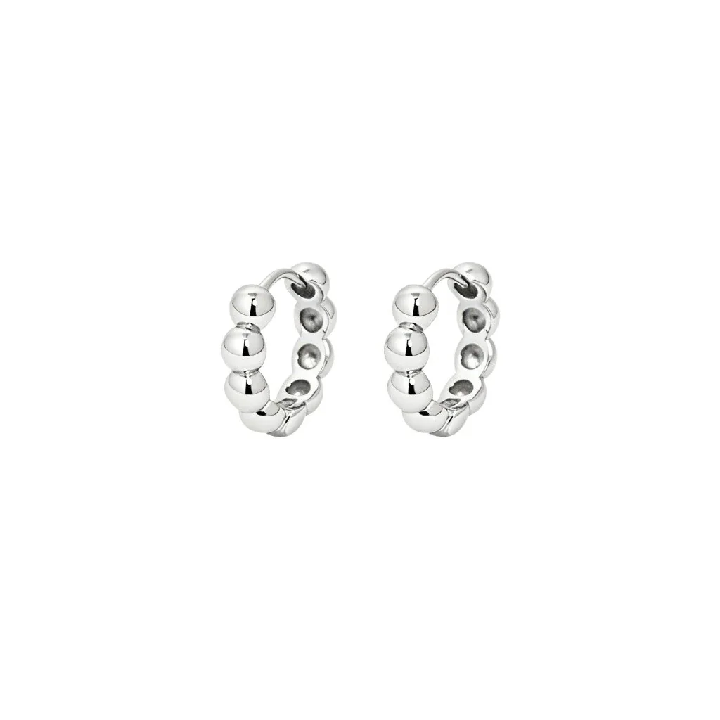 Polished 925 Sterling Silver Beaded Huggie Hoop Earrings