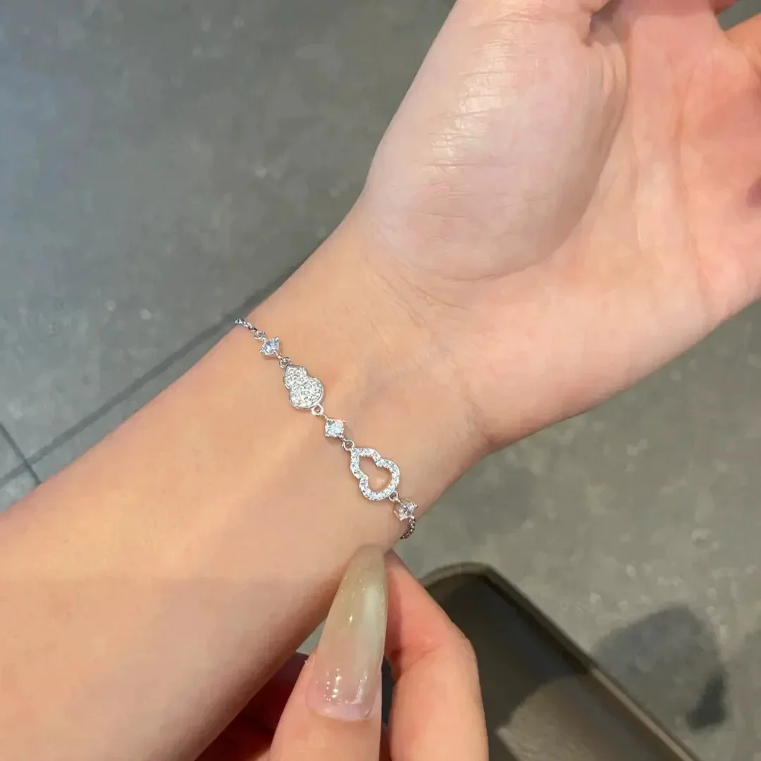 Delicate Gourd 925 Sterling Silver Pavé Link Bracelet - Silver