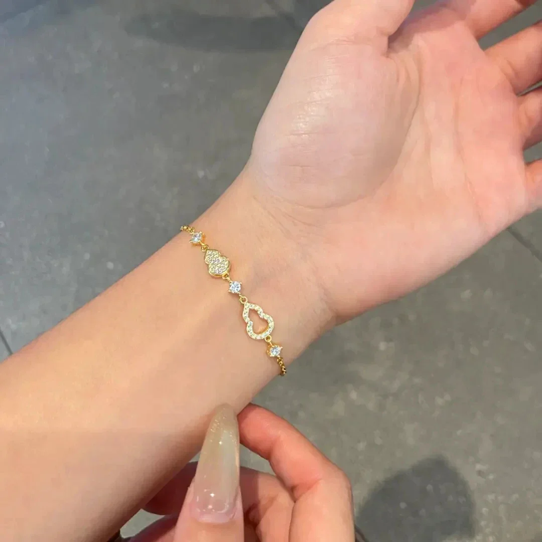 Delicate Gourd 925 Sterling Silver Pavé Link Bracelet - Gold