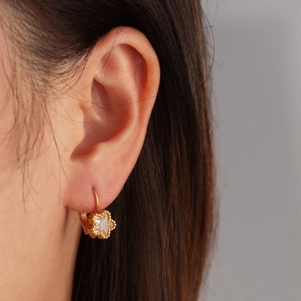Celestial 18K Gold-Plated Star Bezel Leverback Earrings