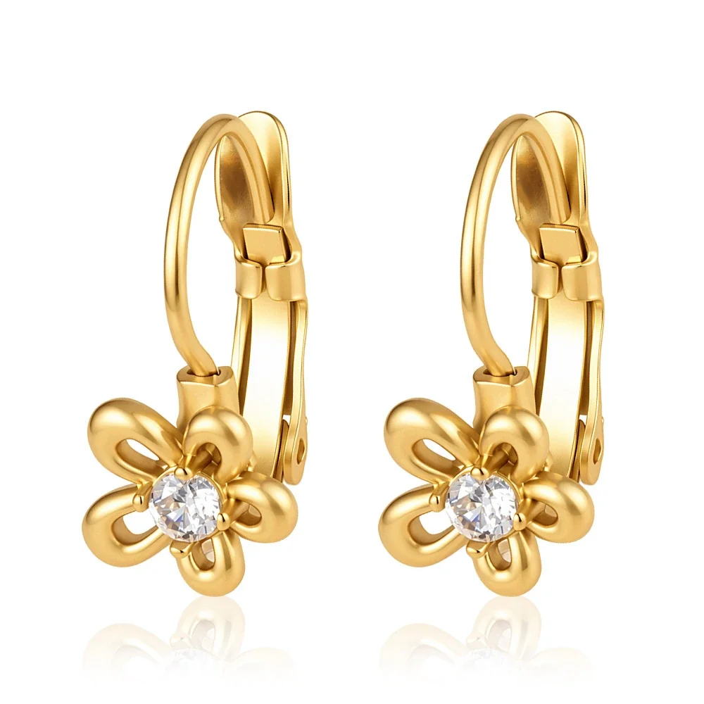 Celestial 18K Gold-Plated Star Bezel Leverback Earrings - Gold Flower Clear Stone Leverback