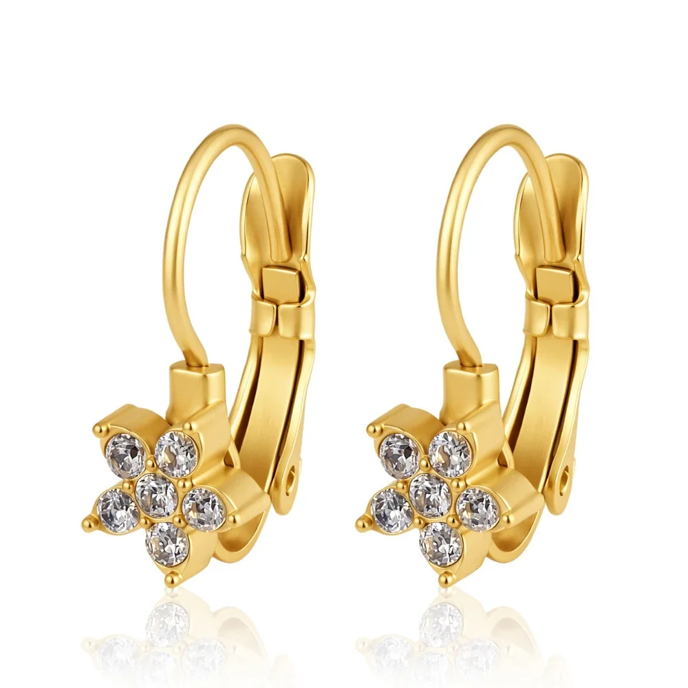 Celestial 18K Gold-Plated Star Bezel Leverback Earrings - Gold Five-Stone Flower Leverback