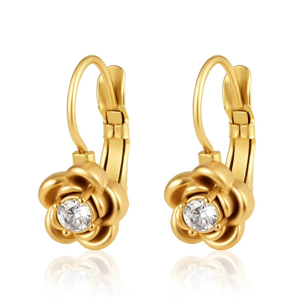 Celestial 18K Gold-Plated Star Bezel Leverback Earrings - Gold Rose Clear Stone Leverback