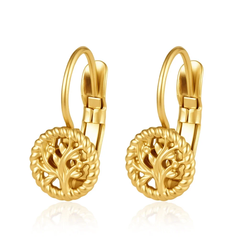 Celestial 18K Gold-Plated Star Bezel Leverback Earrings - Gold Tree of Life Leverback