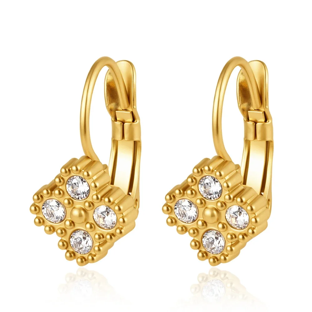 Celestial 18K Gold-Plated Star Bezel Leverback Earrings - Gold Four-Leaf Clover Leverback