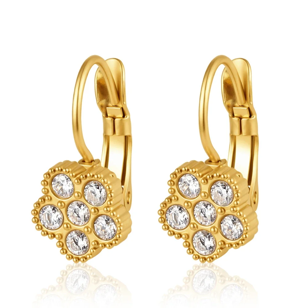 Celestial 18K Gold-Plated Star Bezel Leverback Earrings - Gold Five-Petal Flower Leverback