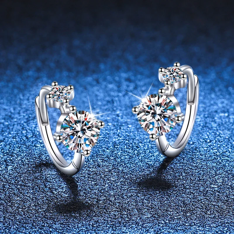 Polished Twin Round Moissanite 925 Sterling Silver Huggie Earrings