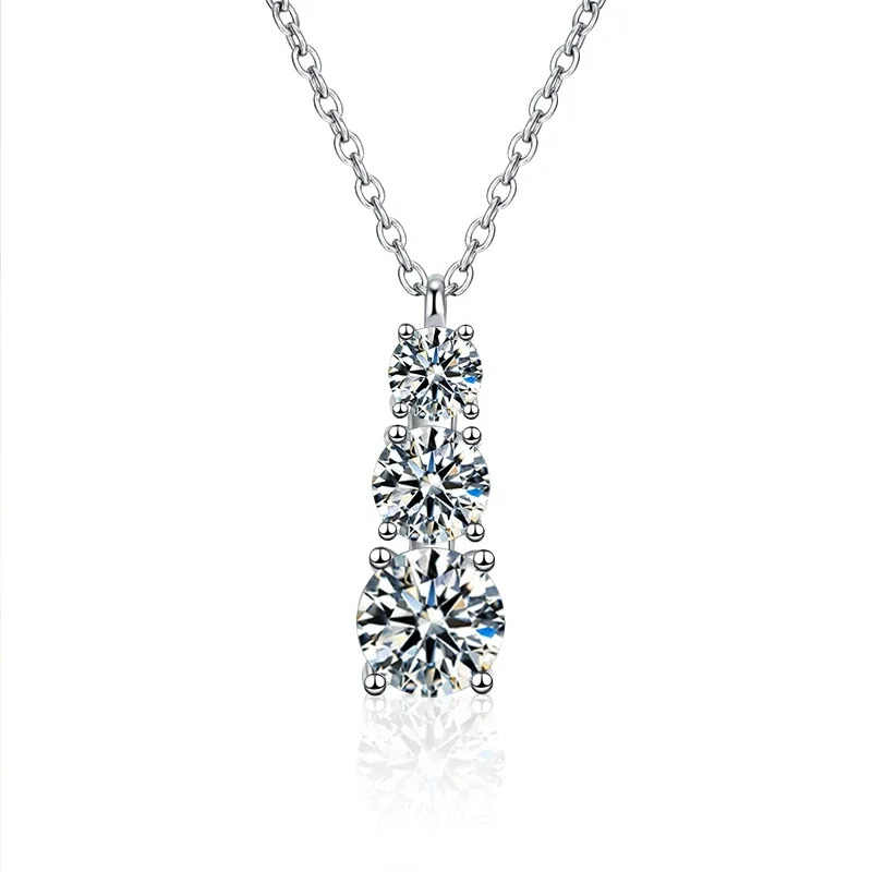 Refined 925 Sterling Silver Three-Stone Round Moissanite Necklace