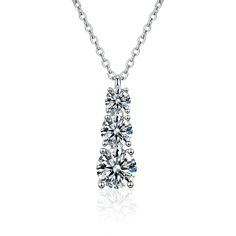 Refined 925 Sterling Silver Three-Stone Round Moissanite Necklace - Silver Cross