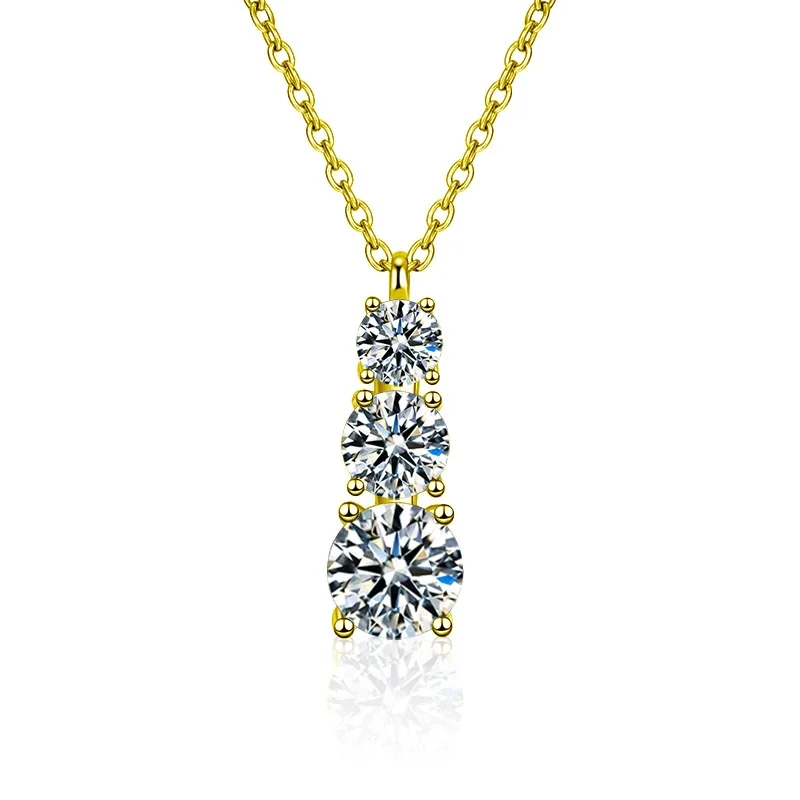 Refined 925 Sterling Silver Three-Stone Round Moissanite Necklace - Gold Cross