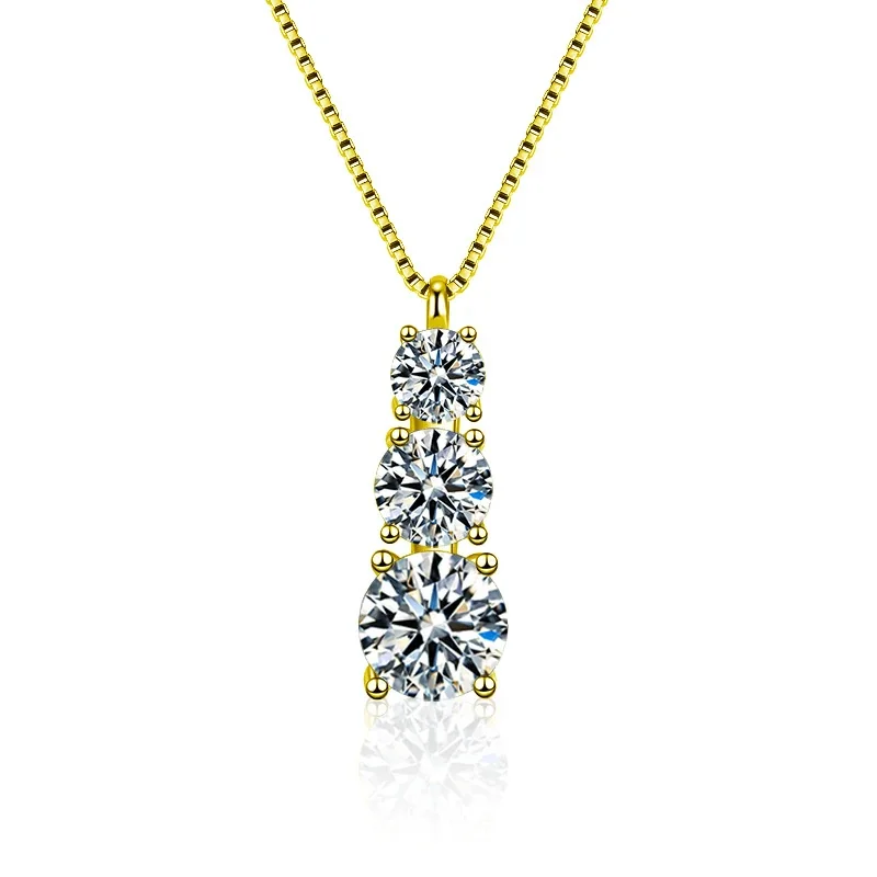Refined 925 Sterling Silver Three-Stone Round Moissanite Necklace - Gold Box