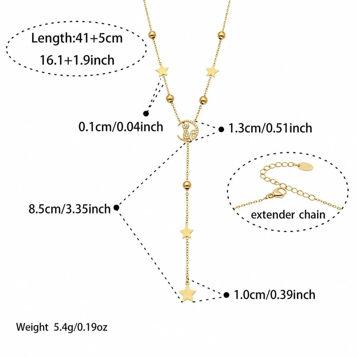Celestial 18K Gold-Plated Crescent Star Y Necklace - Gold Cat CZ Y 41+5 cm