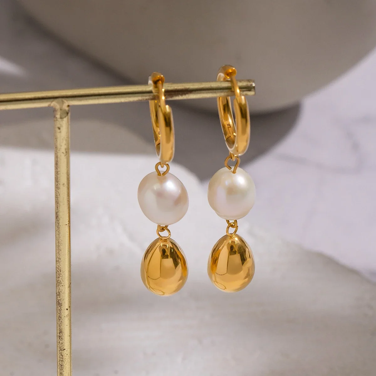 Baroque Pearl Teardrop Stainless Steel Hoop Earrings