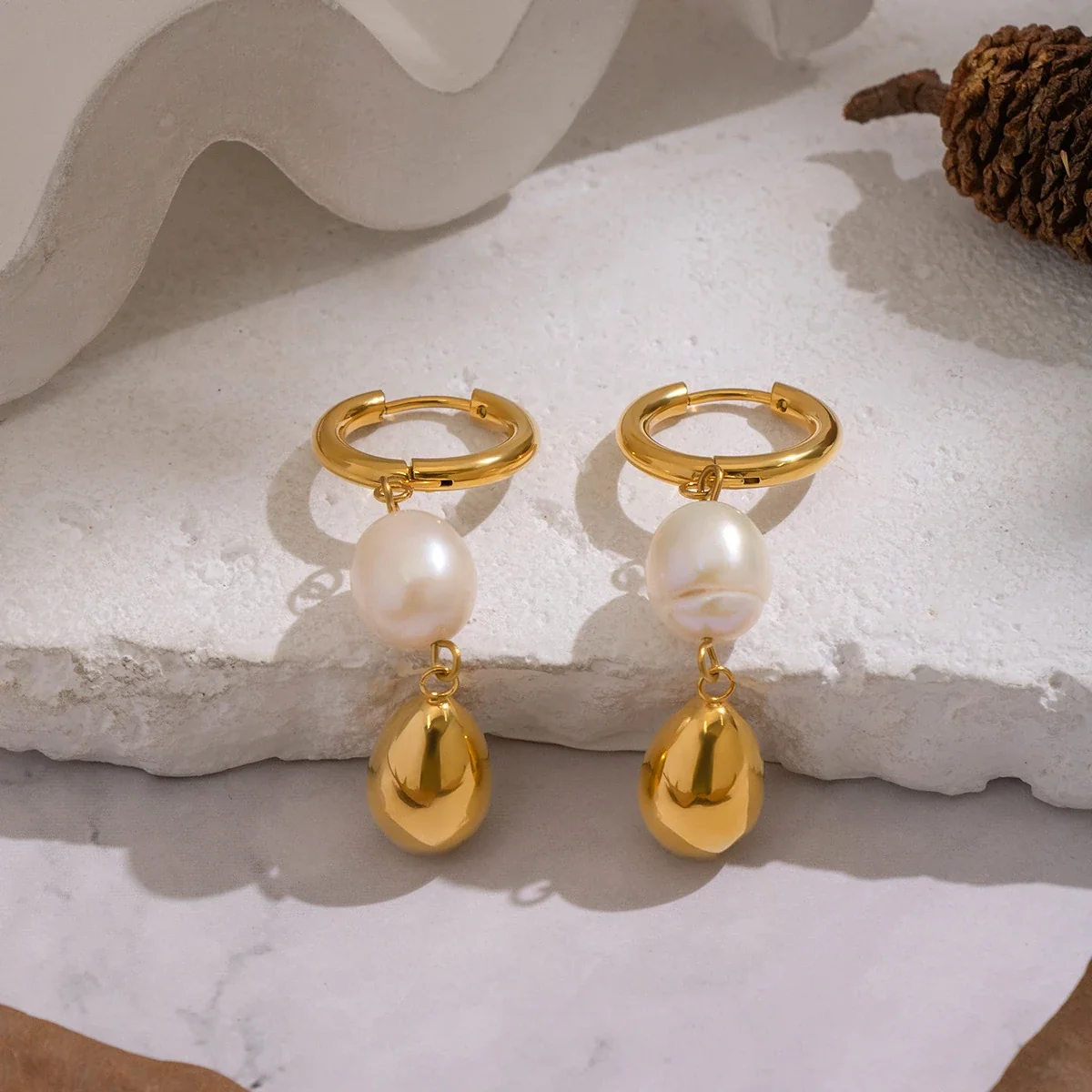 Baroque Pearl Teardrop Stainless Steel Hoop Earrings