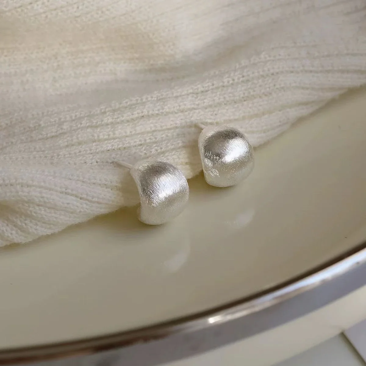 Sculptural 925 Sterling Silver Brushed Dome Stud Earrings