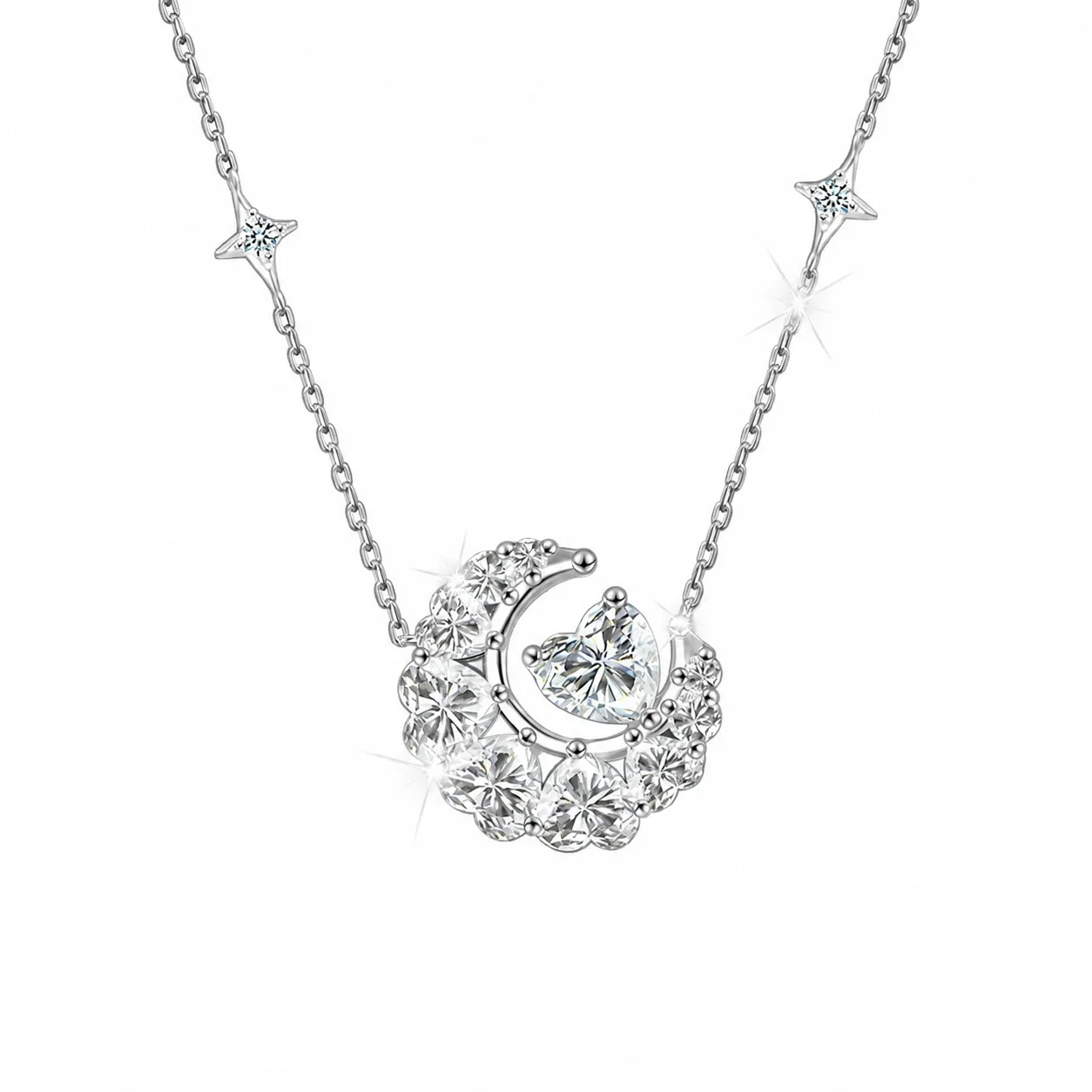 Celestial 925 Sterling Silver Moon Star Moissanite Necklace