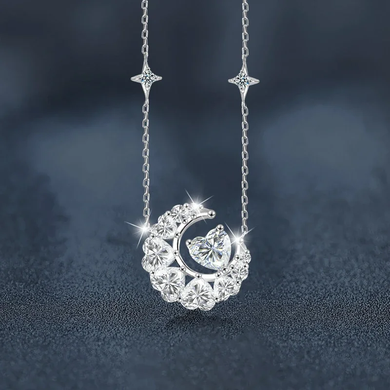 Celestial 925 Sterling Silver Moon Star Moissanite Necklace