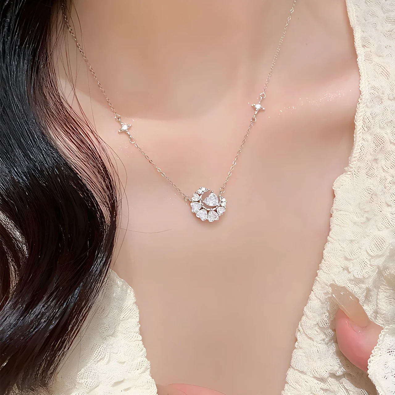 Celestial 925 Sterling Silver Moon Star Moissanite Necklace