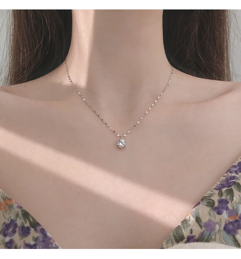 Delicate 925 Sterling Silver Faceted Chain CZ Pendant Necklace - Silver