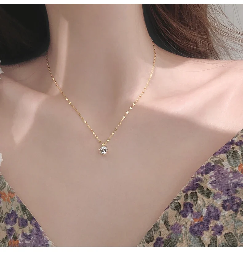 Delicate 925 Sterling Silver Faceted Chain CZ Pendant Necklace - Gold