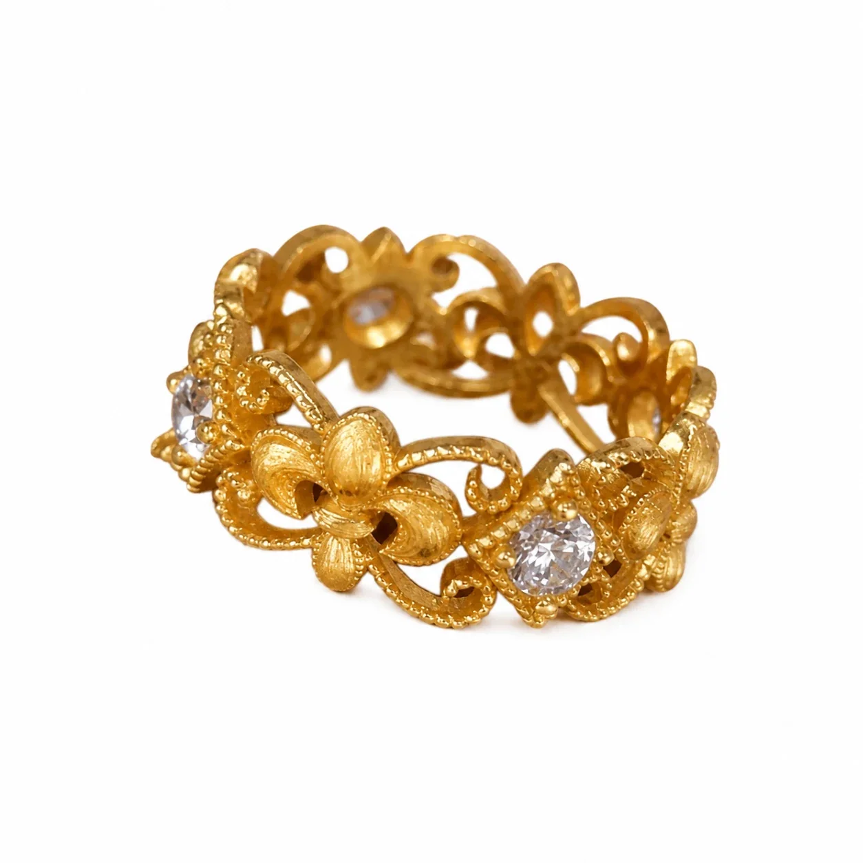 Ornate Gold-Plated Copper Fleur-de-Lis Openwork CZ Ring