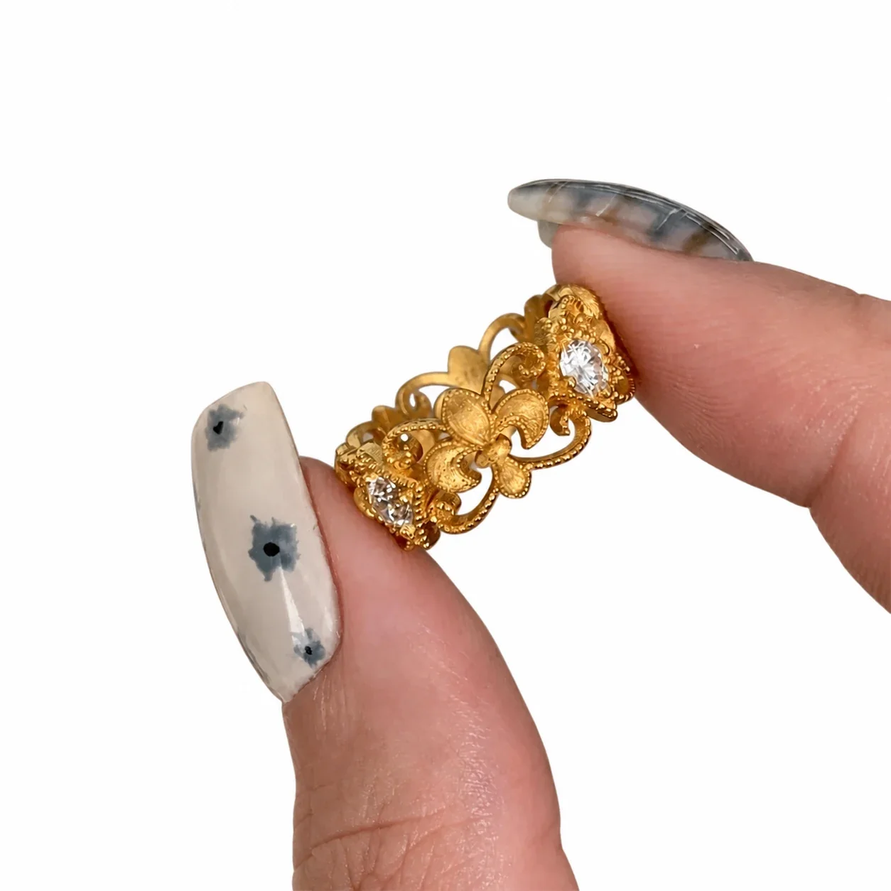 Ornate Gold-Plated Copper Fleur-de-Lis Openwork CZ Ring