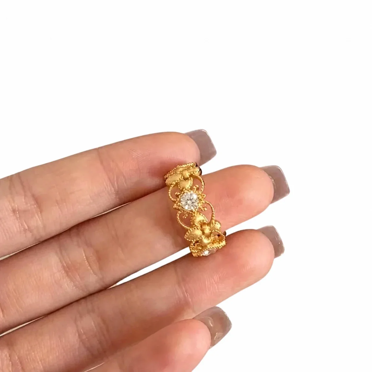 Ornate Gold-Plated Copper Fleur-de-Lis Openwork CZ Ring